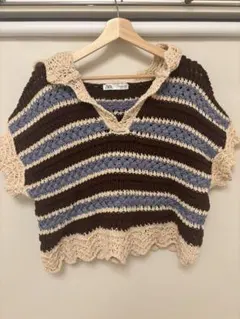 ZARA フード付きニットベスト ブラウンストライプ