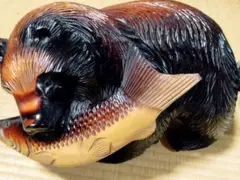 伊*広様 木製 クマ 魚 置物 手彫り 約30cm 2個
