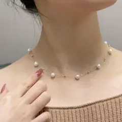 ネックレス　パール　ステーションネックレス　ゴールド　チョーカー　小粒　華奢