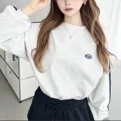 天竺.ワンポイント刺繍配色カラーライン入りロンT