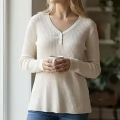 美品 ジーユー GU トップス L 白 Vネック リブ編み 長袖 おしゃれ