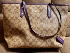 【美品】COACH ロゴ入りトートバッグ ベージュ/パープル