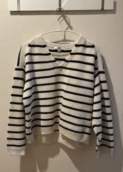 【新品未使用】ユニクロ C ボーダーVネックショートセーター M オフホワイト