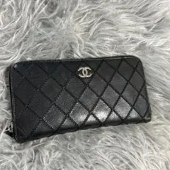 CHANEL ブラック 長財布　キルティング　キャビアスキン