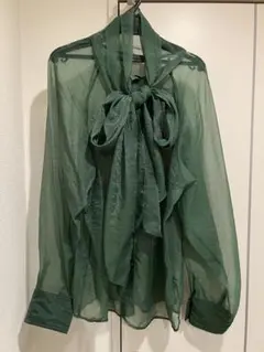 rosebud グリーンシースルー リボン長袖ブラウス