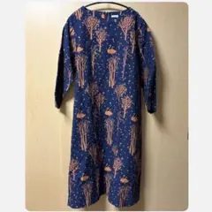 美品✨haupia 長袖 白鳥 鳥 木柄 ネイビー ワンピース M