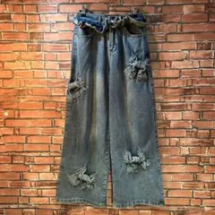 リボンデニムワイドパンツ　Mサイズ　韓国ファッション　ゆるだぼ