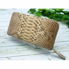 パイソン長財布 本革 蛇革 腹革 一枚革 ラウンドファスナー ブラウン