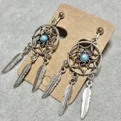 シルバーカラードリームキャッチャーモチーフイヤリングエスニック魔除けお守り良い夢