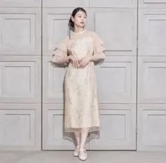 metoi ティアードスリーブ刺繍パーティードレス フォーマル イエロー M