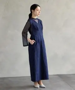 AIMER チュールブラウス付きジャカードIラインドレス　ネイビー　Mサイズ