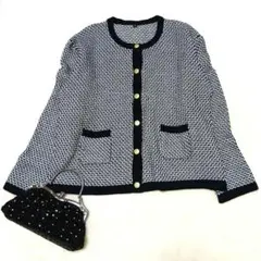 ツイード風 ニットジャケット 4L 大きいサイズ 金ボタン カーディガン 韓国風