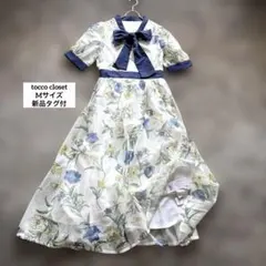 tocco 新品　ボウタイリボン付き配色メッシュフラワープリントワンピース