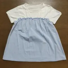 ユニクロ 白と水色ストライプ　半袖シャツ　140cm