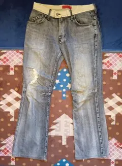 Evisu グレー ストレートジーンズ ダメージ加工