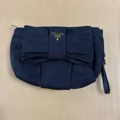希少カラー✨️PRADA コスメポーチ 三角ロゴ ネイビー ギンガム 