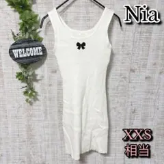 【Nia】ニア ワンピース ノースリーブ リボン タイト リブニット ミニ丈 白