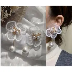 1038-d＊２way ホワイト 刺繍 フラワー スティック パール