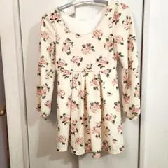 花柄長袖ミニワンピース クリーム色PinkMix