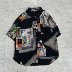 昭和レトロ　日本製 総柄　シャツ アート柄 レトロ 半袖シャツ　古着　個性的