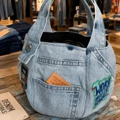 【デニムリメイク】ころりんトートバッグ　再構築　ワッペンいっぱい　まんまるトート