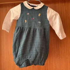 familiar 緑ファミリアチェック テリア刺繍ロンパース