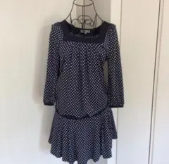 ネイビー　スクエアネック ドット柄 七分袖ワンピース