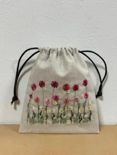 【お花の手刺繍】かわいい巾着　ガーベラ＆マーガレット＆カモミール　ハーフリネン
