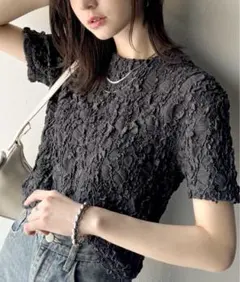 クラシカルエルフ ジャガード 短丈 くしゅくしゅTシャツ トッブスチャコール M