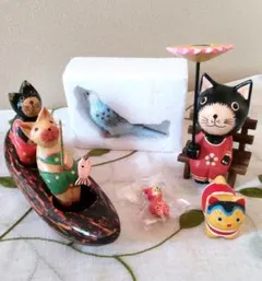 アジアン雑貨など　置物5点セット　バリ猫　インコ　犬張子　木彫り