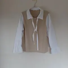 三連休限定値下げ！美品【misshong】リボン付きベージュホワイトシャツ