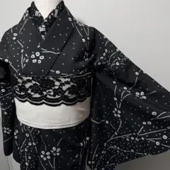 着物　洗える　ブラック　黒　絞り　花　梅　単衣　裄69 手縫い　美品のサムネイル