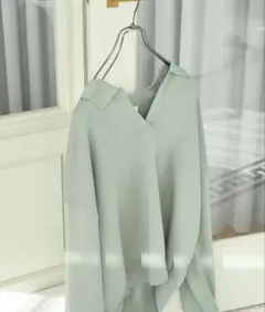 ブルーグリーン　限定展開　スキッパー ポロ襟 ロングスリーブ ニットプルオーバー