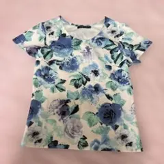青い花柄 半袖Tシャツ