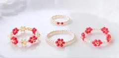 『No.121』レッド② ビーズ リング 指輪 ハンドメイド 韓国 お花 赤