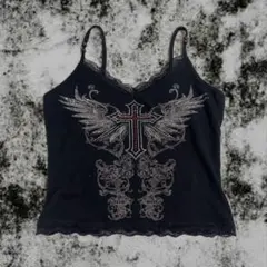 ブラックキャミソール 十字架と翼の刺繍 パンク y2k サブカル 地雷 平成