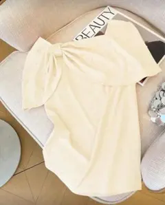 リボン付きオフショルダー半袖トップス アプリコット 3XL