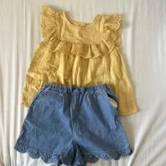 petit main フリル付きトップスとデニムショートパンツセット 130cm