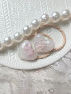 ぷくぷくハート　バレエ風リボン　キッズヘアゴム2個セット