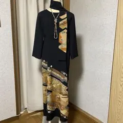 《Ｌ 123cm》黒留袖リメイク 切り替え シンプルロングワンピース