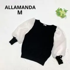 アラマンダ 異素材パフスリーブニット ボリューム袖 黒×白 M 可愛い トップスのサムネイル