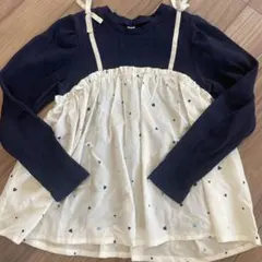 ネイビー ハート柄 フリル付き 長袖カットソー