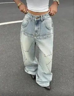 スターリベット ワイドレッグデニムパンツ