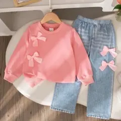 セットアップ　5Y 100センチ　リボン付きピンクカットソー　デニム風パンツ
