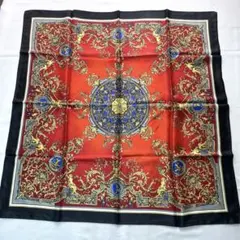 大判 シルクスカーフ 約86cm ヴィンテージ調 バロック柄 レッド ネイビー