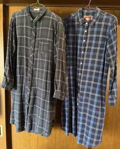 チェック柄 ロングシャツ 2着セット グリーン系 & ブルー系 フリーサイズ