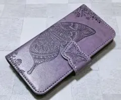 iPhone7/8/SE 用 スマホケース 手帳型 蝶 花柄 パープル 薄紫