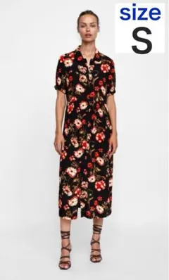 【ZARA】2way 花柄 ワンピース 半袖シャツワンピース ブラック S 36