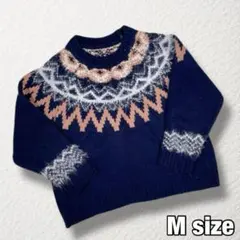 ノルディック柄　クルーネックニットセーター　フェザーナイロン使用