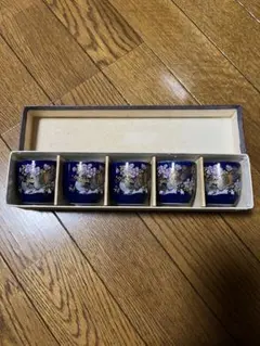 九谷焼　青色 陶器製 お猪口 5個セット　山鳥